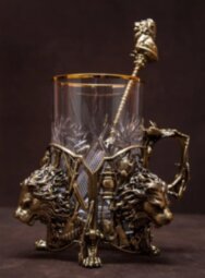 Подстаканник из латуни «Царь Зверей» с ложкой