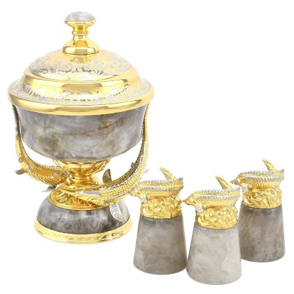 Икорница из дымчатого кварца со стопками для водки "Осетровые"